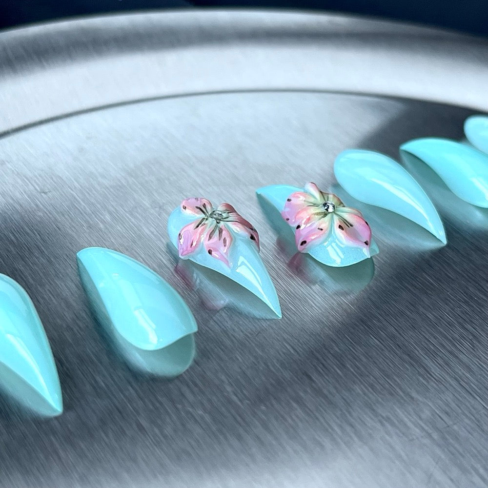 Aqua Blossom - Aqua 3D Floral Handmade Dragon Press-On Nails