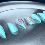 Aqua Blossom - Aqua 3D Floral Handmade Dragon Press-On Nails