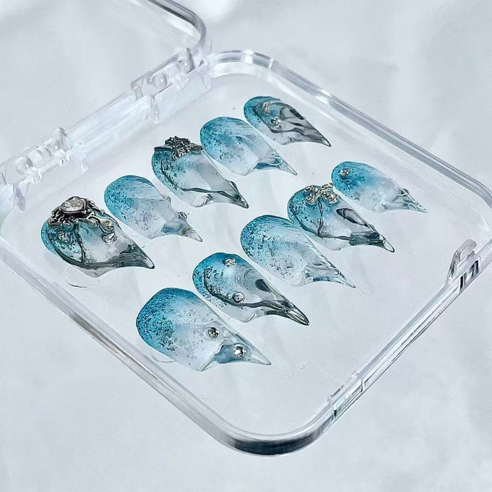 handartnails: "Aqua Mist Cross Star Filigree" – 3D Silver Metal Charm Handmade Long Stiletto Nails - Handartnails