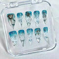 handartnails: "Aqua Mist Cross Star Filigree" – 3D Silver Metal Charm Handmade Long Stiletto Nails - Handartnails