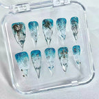 handartnails: "Aqua Mist Cross Star Filigree" – 3D Silver Metal Charm Handmade Long Stiletto Nails - Handartnails