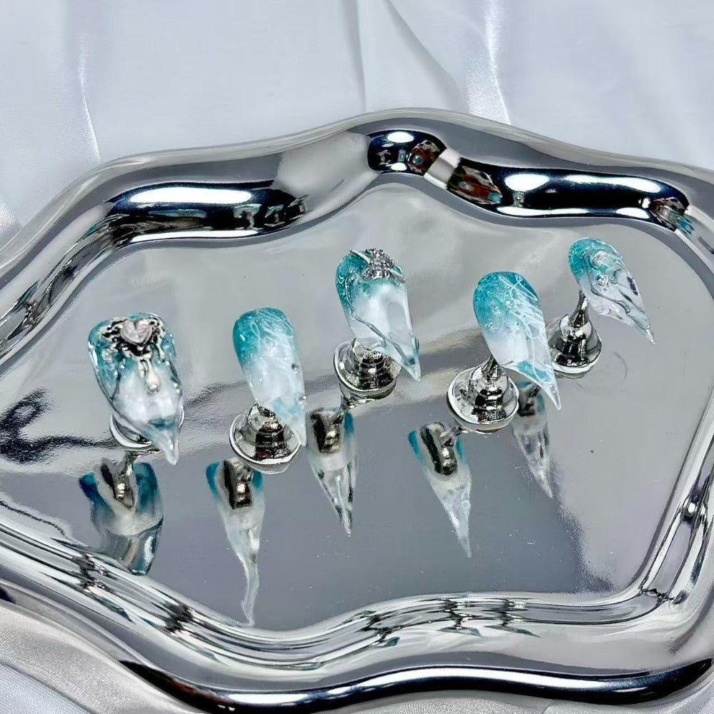 handartnails: "Aqua Mist Cross Star Filigree" – 3D Silver Metal Charm Handmade Long Stiletto Nails - Handartnails