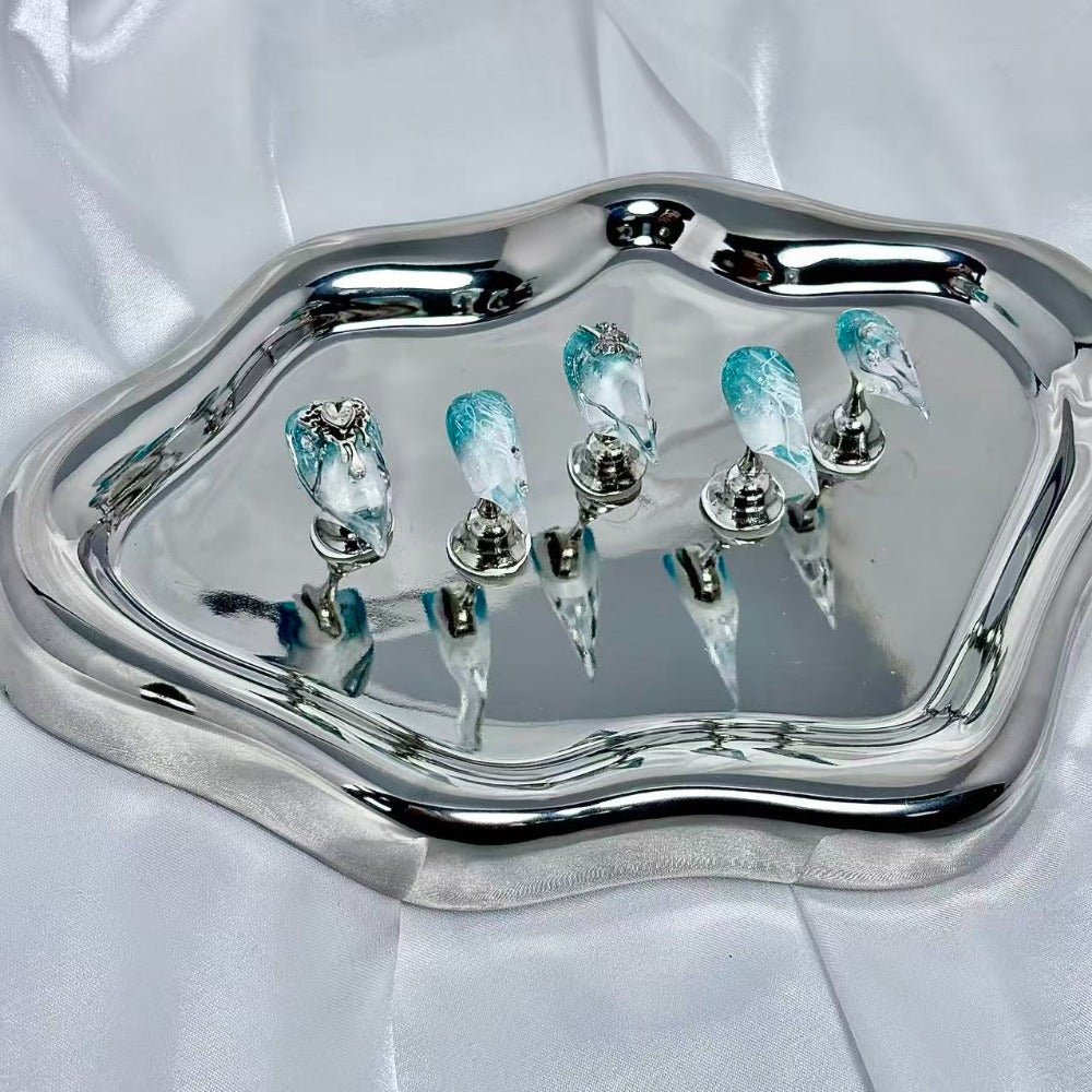 handartnails: "Aqua Mist Cross Star Filigree" – 3D Silver Metal Charm Handmade Long Stiletto Nails - Handartnails