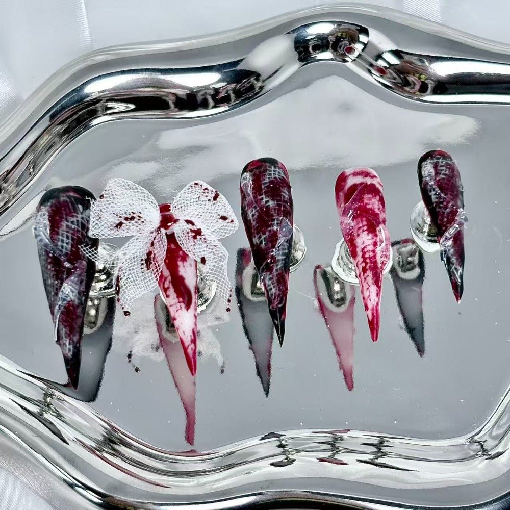 handartnails: "Bloody Mesh Bow Grunge" – 3D Gauze Bow Handmade Long Stiletto Nails - Handartnails