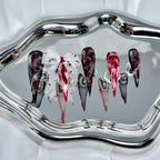handartnails: "Bloody Mesh Bow Grunge" – 3D Gauze Bow Handmade Long Stiletto Nails - Handartnails