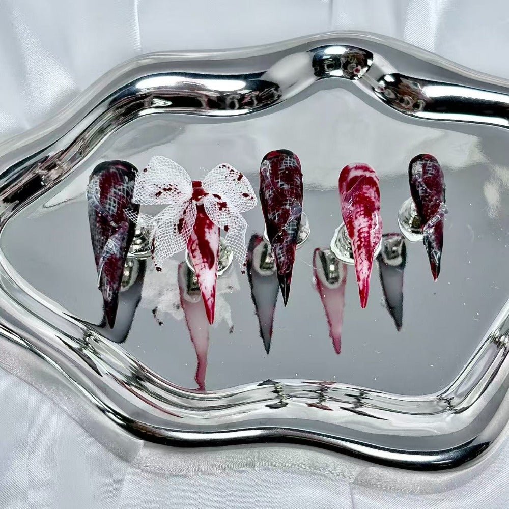 handartnails: "Bloody Mesh Bow Grunge" – 3D Gauze Bow Handmade Long Stiletto Nails - Handartnails