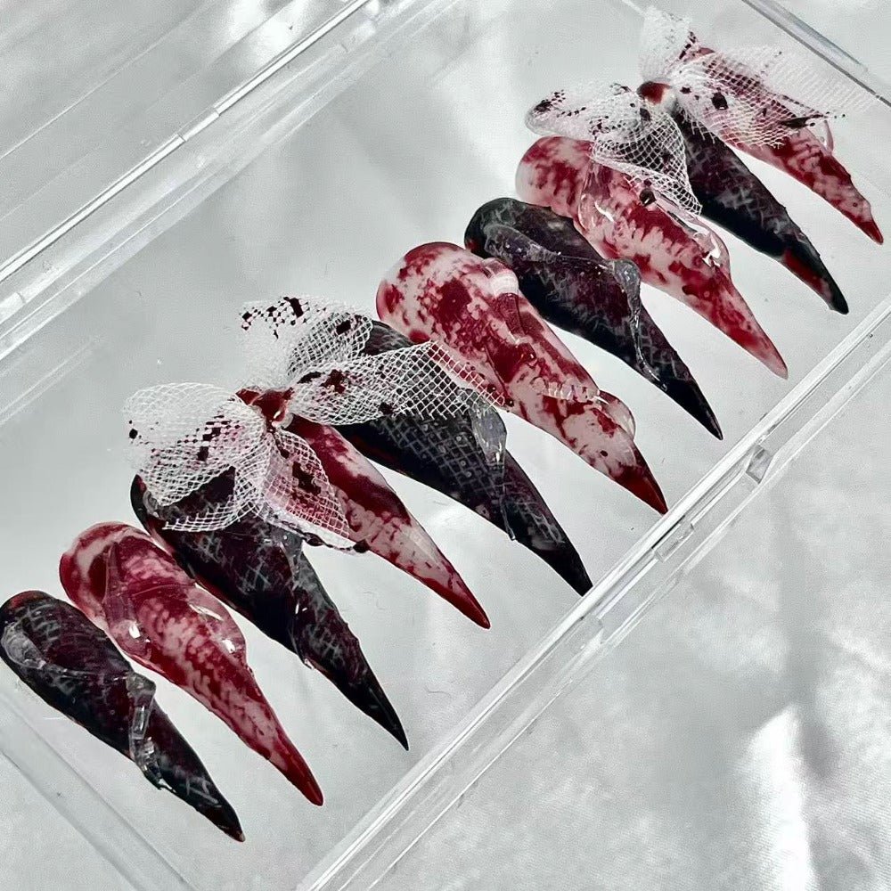 handartnails: "Bloody Mesh Bow Grunge" – 3D Gauze Bow Handmade Long Stiletto Nails - Handartnails