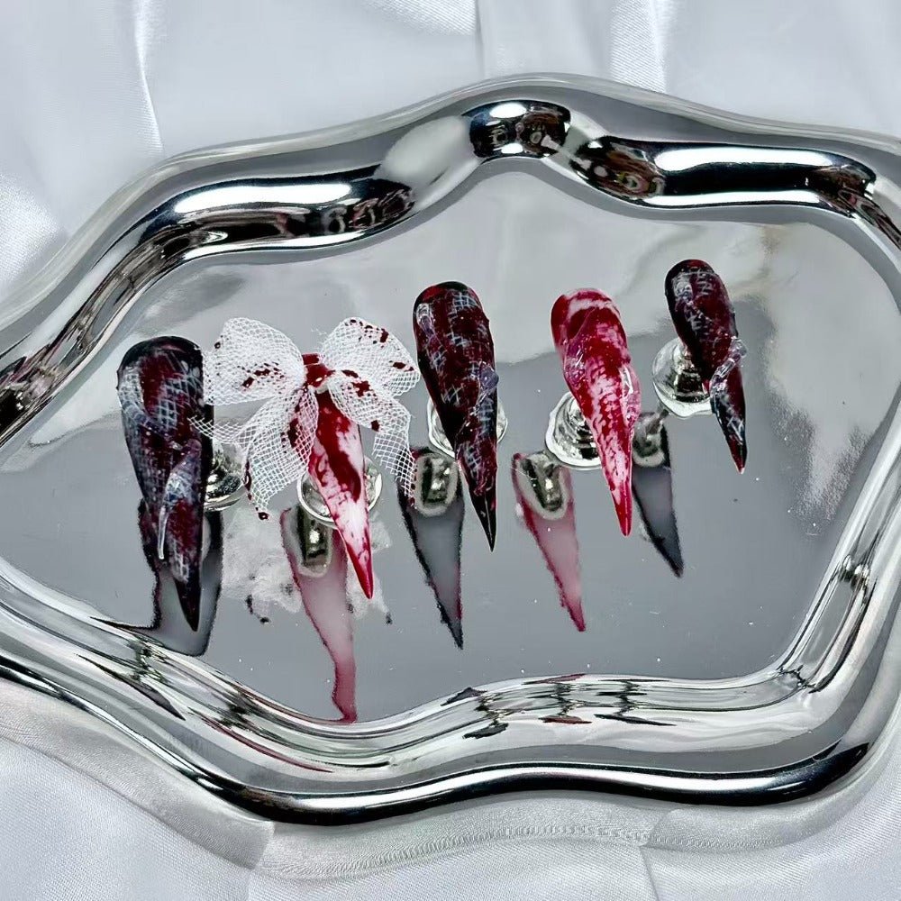 handartnails: "Bloody Mesh Bow Grunge" – 3D Gauze Bow Handmade Long Stiletto Nails - Handartnails