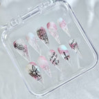 handartnails: "Blush Floral Butterfly Script" – Silver Glitter Handmade Long Stiletto Nails - Handartnails