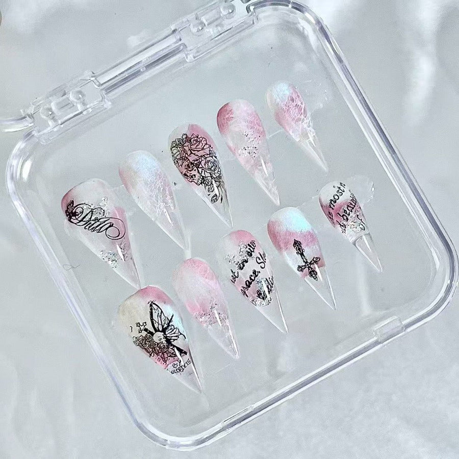 handartnails: "Blush Floral Butterfly Script" – Silver Glitter Handmade Long Stiletto Nails