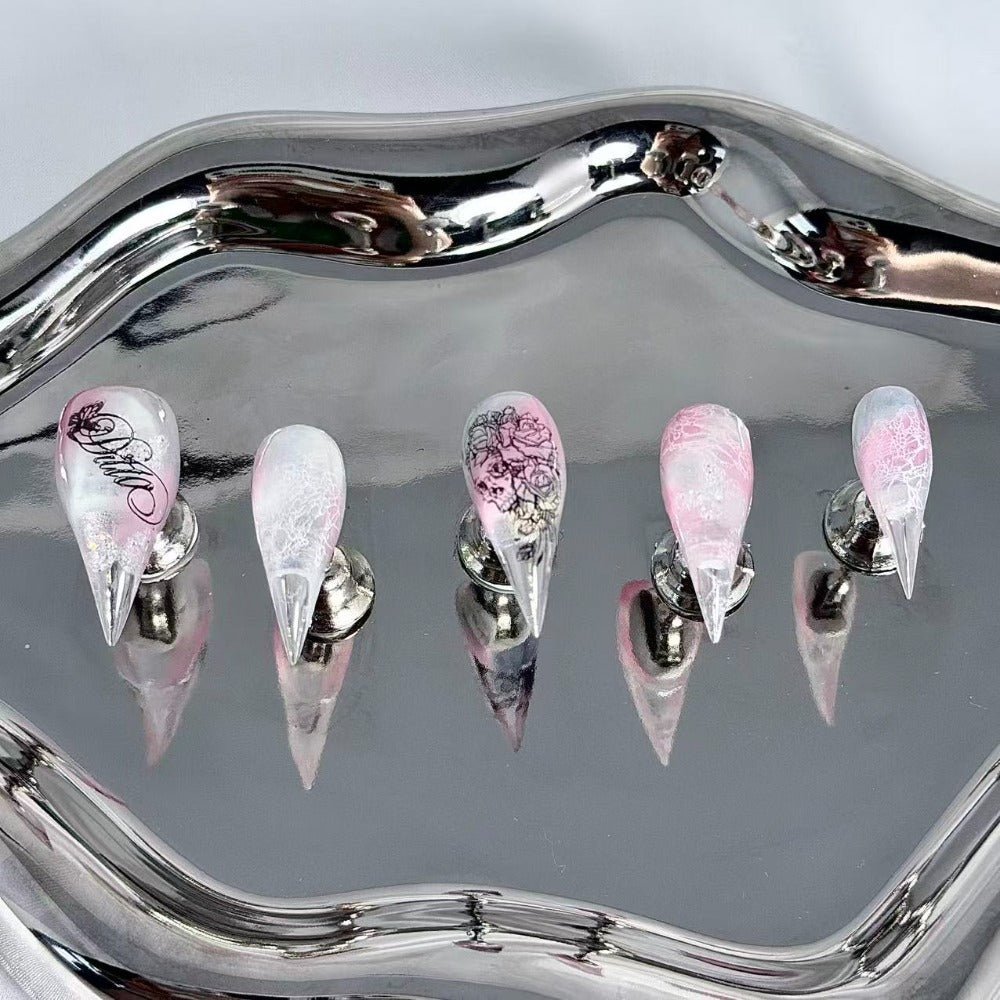 handartnails: "Blush Floral Butterfly Script" – Silver Glitter Handmade Long Stiletto Nails - Handartnails