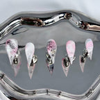 handartnails: "Blush Floral Butterfly Script" – Silver Glitter Handmade Long Stiletto Nails - Handartnails