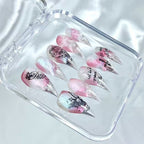 handartnails: "Blush Floral Butterfly Script" – Silver Glitter Handmade Long Stiletto Nails - Handartnails