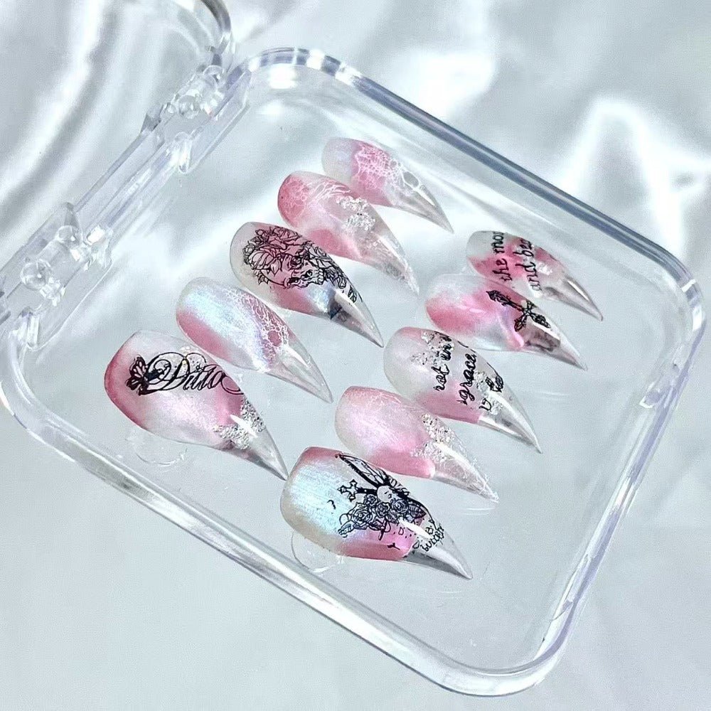 handartnails: "Blush Floral Butterfly Script" – Silver Glitter Handmade Long Stiletto Nails - Handartnails