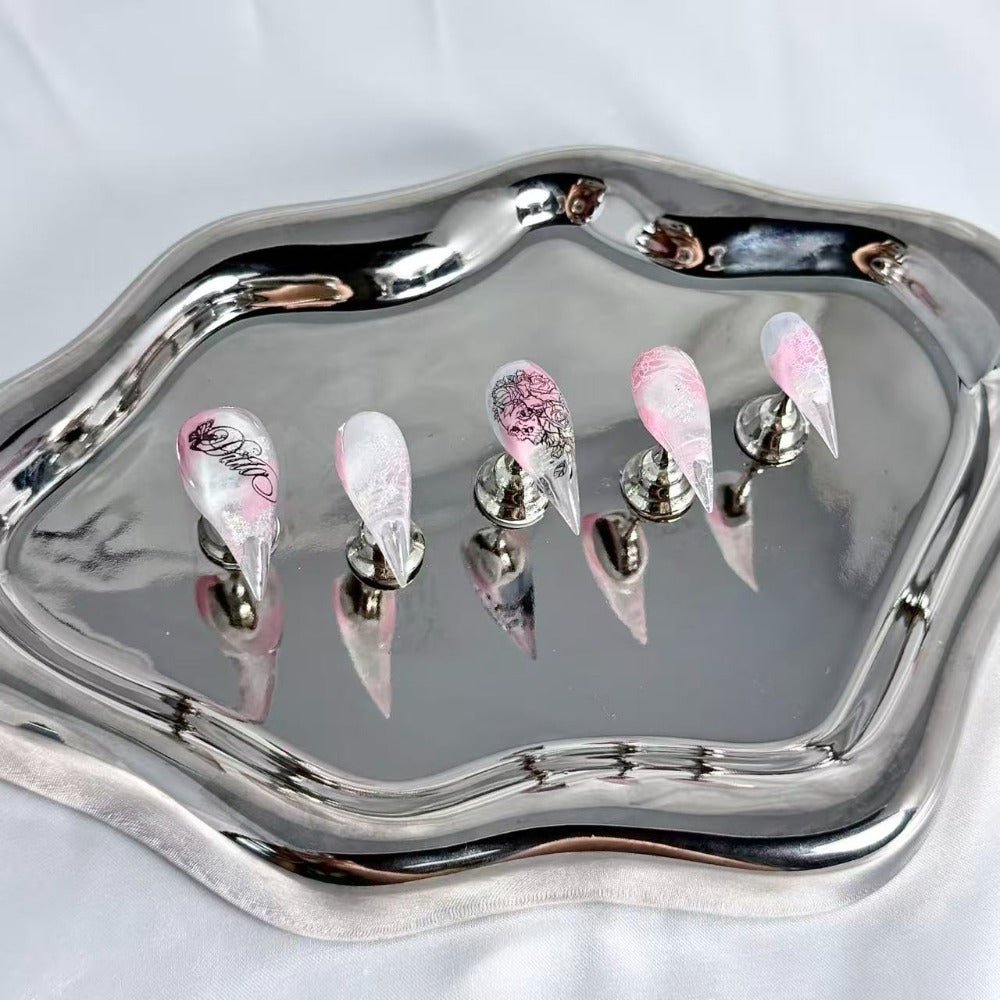 handartnails: "Blush Floral Butterfly Script" – Silver Glitter Handmade Long Stiletto Nails - Handartnails