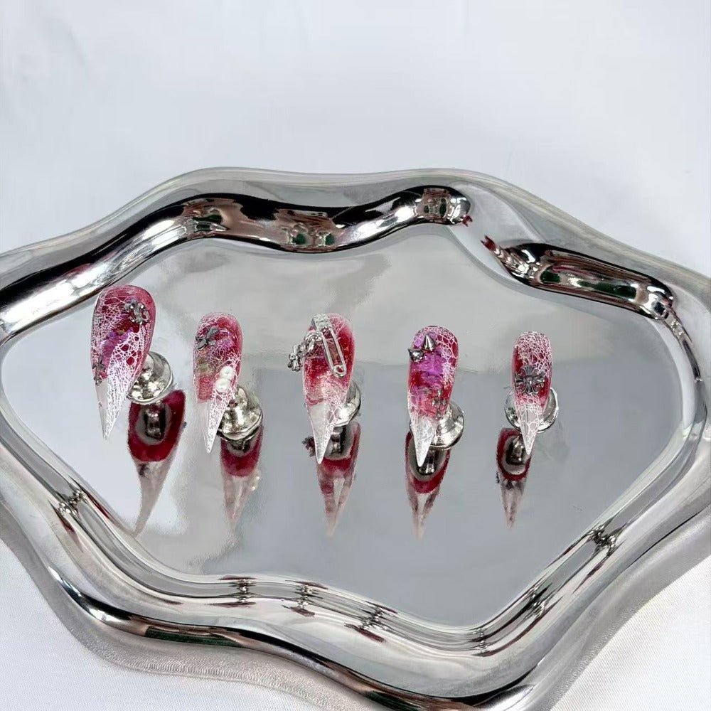 handartnails: "Crimson Cracked Rose Punk" – 3D White Rose & Metal Spike Safety Pin Handmade Long Stiletto - Handartnails