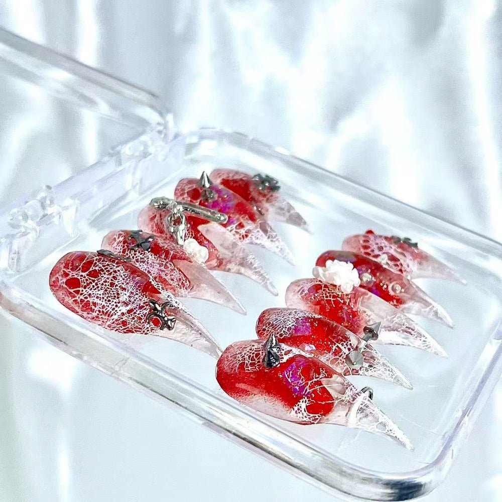 handartnails: "Crimson Cracked Rose Punk" – 3D White Rose & Metal Spike Safety Pin Handmade Long Stiletto - Handartnails