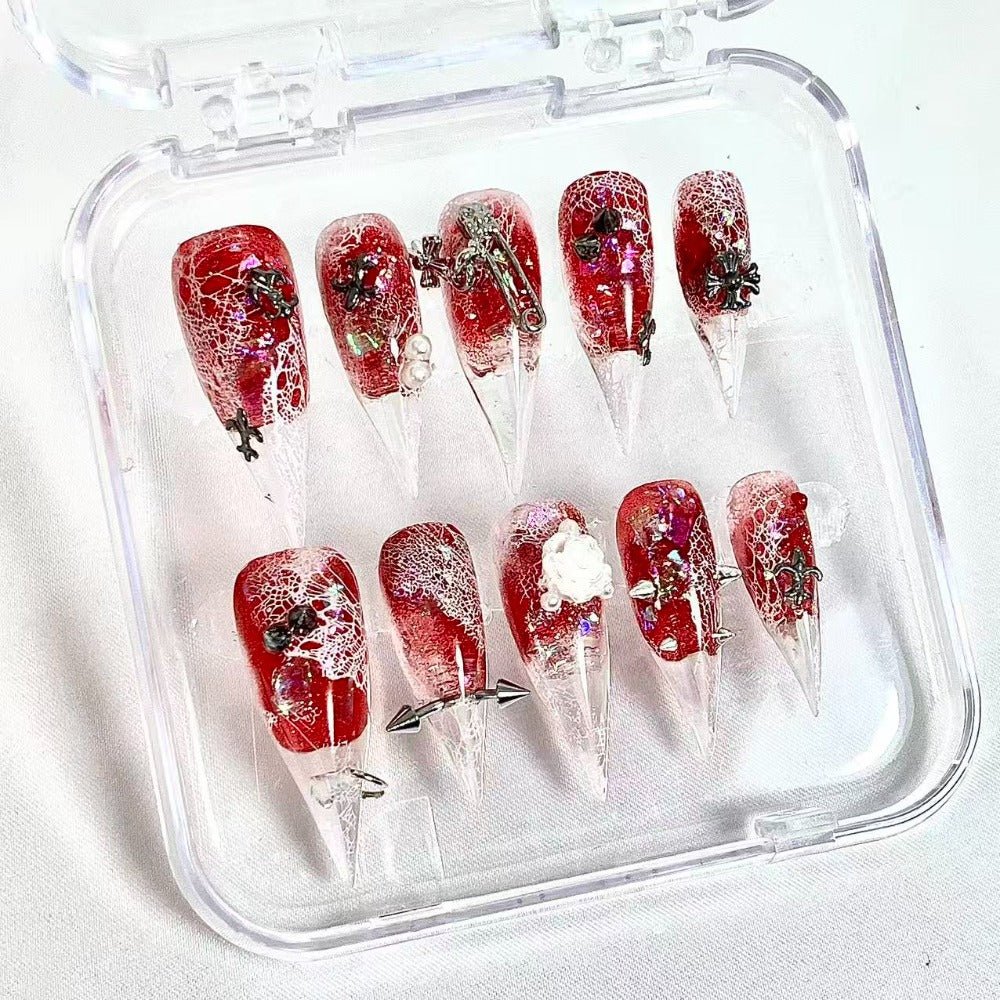 handartnails: "Crimson Cracked Rose Punk" – 3D White Rose & Metal Spike Safety Pin Handmade Long Stiletto - Handartnails