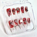 handartnails: "Crimson Cracked Rose Punk" – 3D White Rose & Metal Spike Safety Pin Handmade Long Stiletto - Handartnails