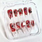 handartnails: "Crimson Cracked Rose Punk" – 3D White Rose & Metal Spike Safety Pin Handmade Long Stiletto - Handartnails