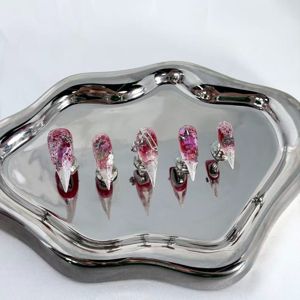 handartnails: "Crimson Cracked Rose Punk" – 3D White Rose & Metal Spike Safety Pin Handmade Long Stiletto - Handartnails