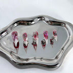 handartnails: "Crimson Cracked Rose Punk" – 3D White Rose & Metal Spike Safety Pin Handmade Long Stiletto - Handartnails