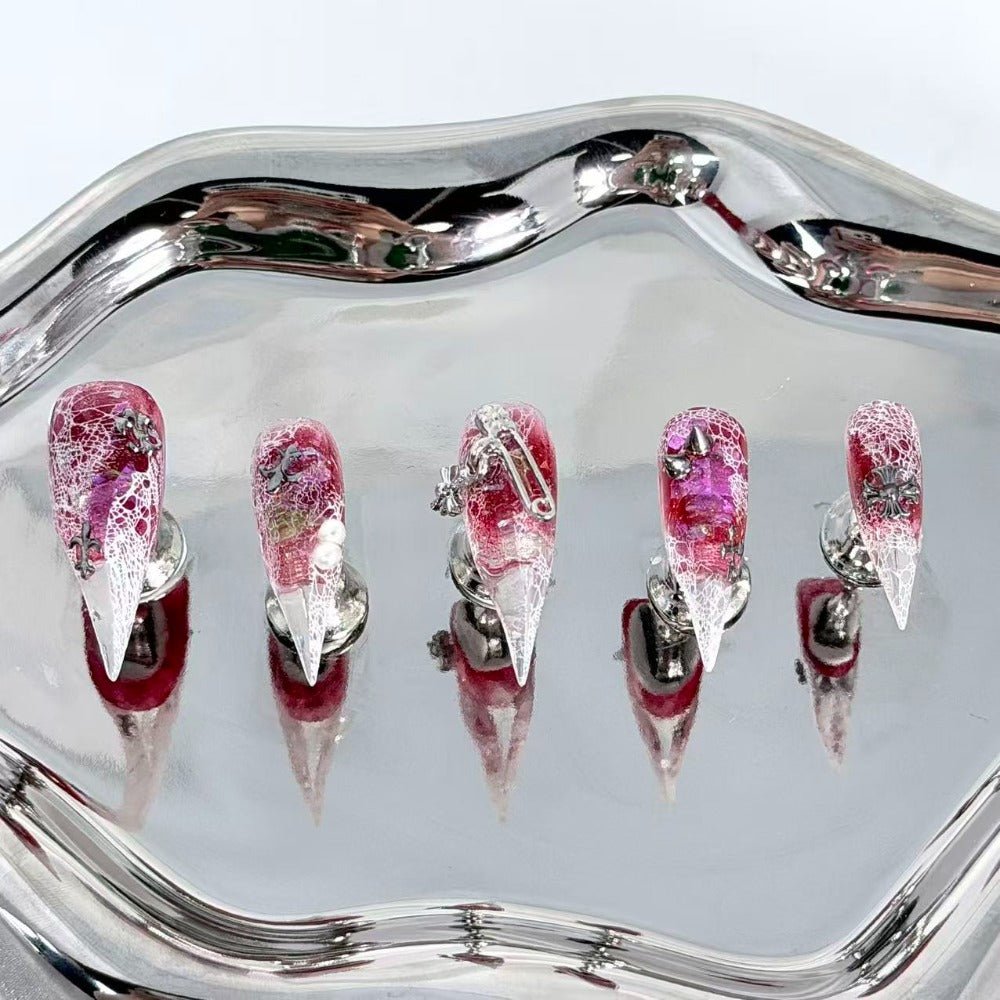 handartnails: "Crimson Cracked Rose Punk" – 3D White Rose & Metal Spike Safety Pin Handmade Long Stiletto - Handartnails
