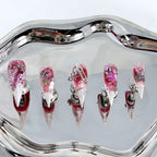 handartnails: "Crimson Cracked Rose Punk" – 3D White Rose & Metal Spike Safety Pin Handmade Long Stiletto - Handartnails