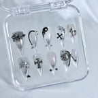 handartnails: "Dark Vine Cross Piercing Punk" – 3D Metal Piercing Charm Handmade Medium Stiletto Nails - Handartnails
