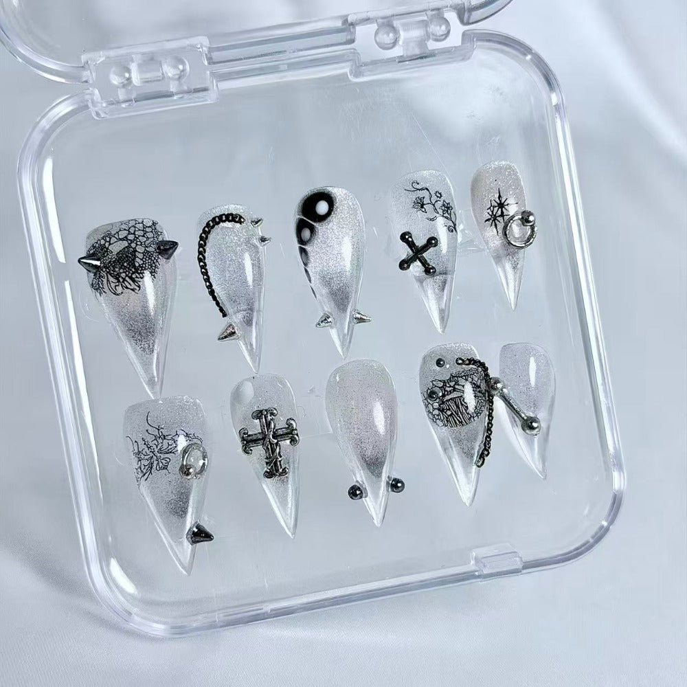 handartnails: "Dark Vine Cross Piercing Punk" – 3D Metal Piercing Charm Handmade Medium Stiletto Nails - Handartnails
