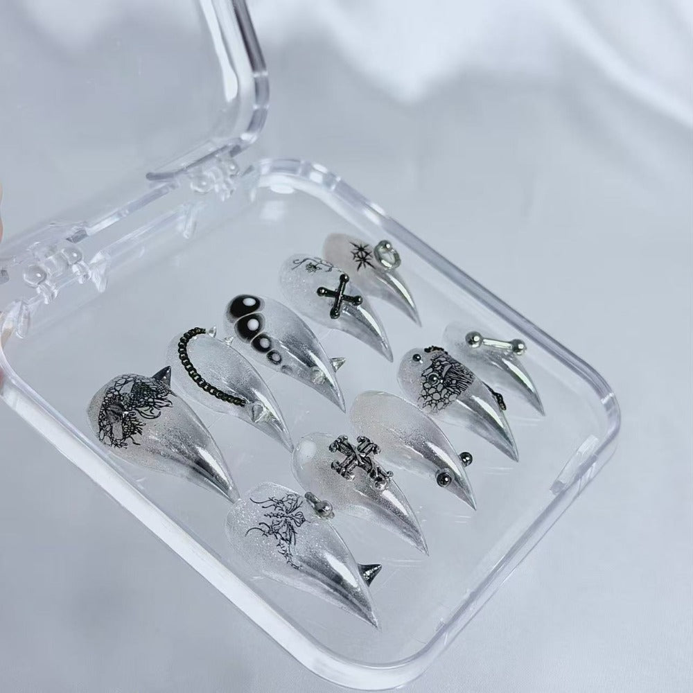 handartnails: "Dark Vine Cross Piercing Punk" – 3D Metal Piercing Charm Handmade Medium Stiletto Nails - Handartnails