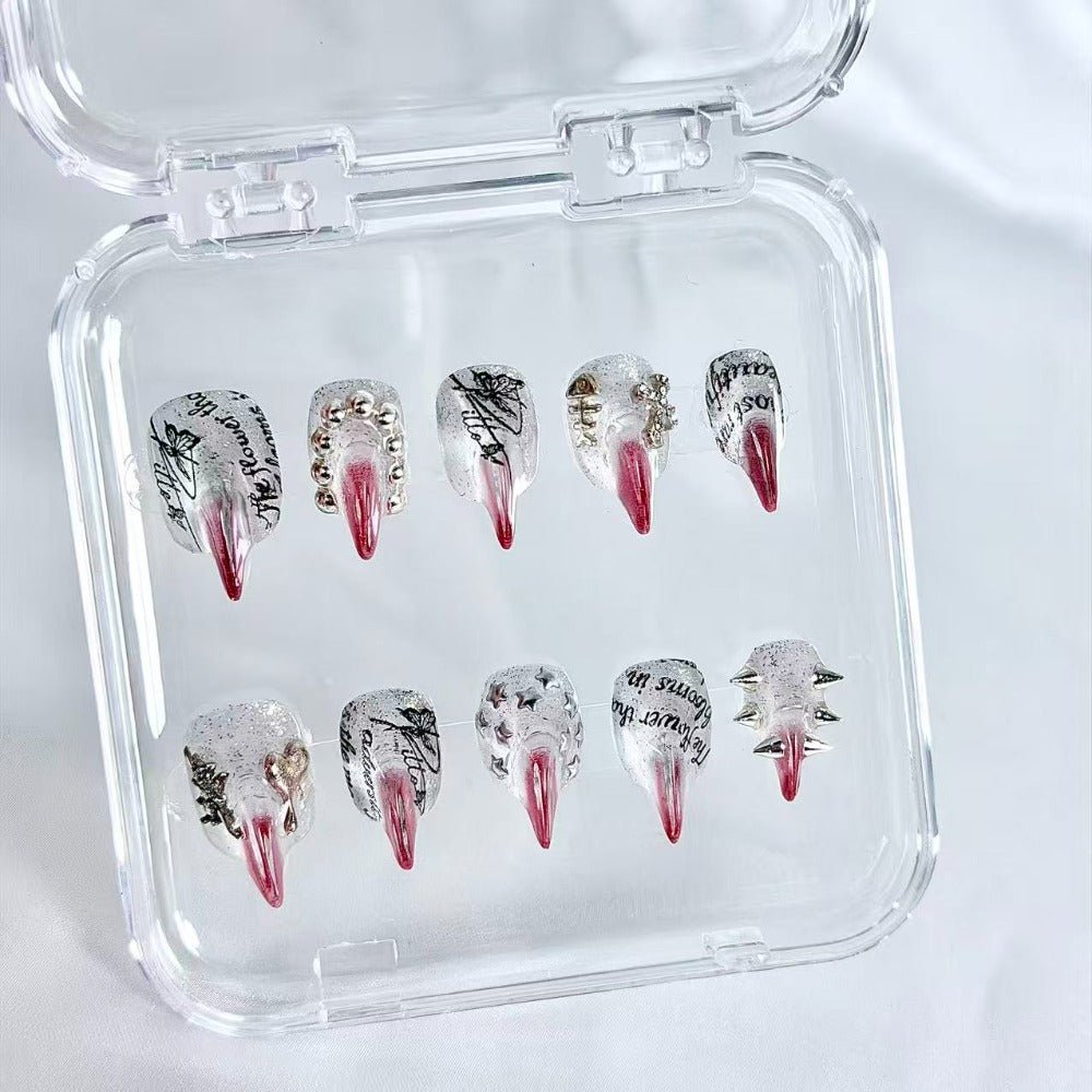 handartnails: "Gothic Newspaper Spike" – 3D Metal Charm Handmade Short Almond Nails - Handartnails