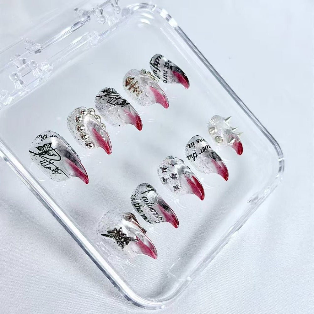 handartnails: "Gothic Newspaper Spike" – 3D Metal Charm Handmade Short Almond Nails - Handartnails