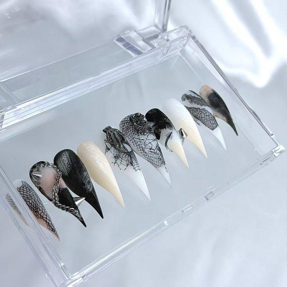 HandartNails: "Gothic Skeleton Lace" - 3D Metallic Glamour Handmade stilettos pressed on nails - Handartnails