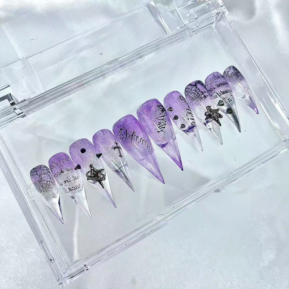 handartnails: "Lavender Gothic Star Spike" – 3D Metal Cross Star Handmade Long Stiletto Nails - Handartnails