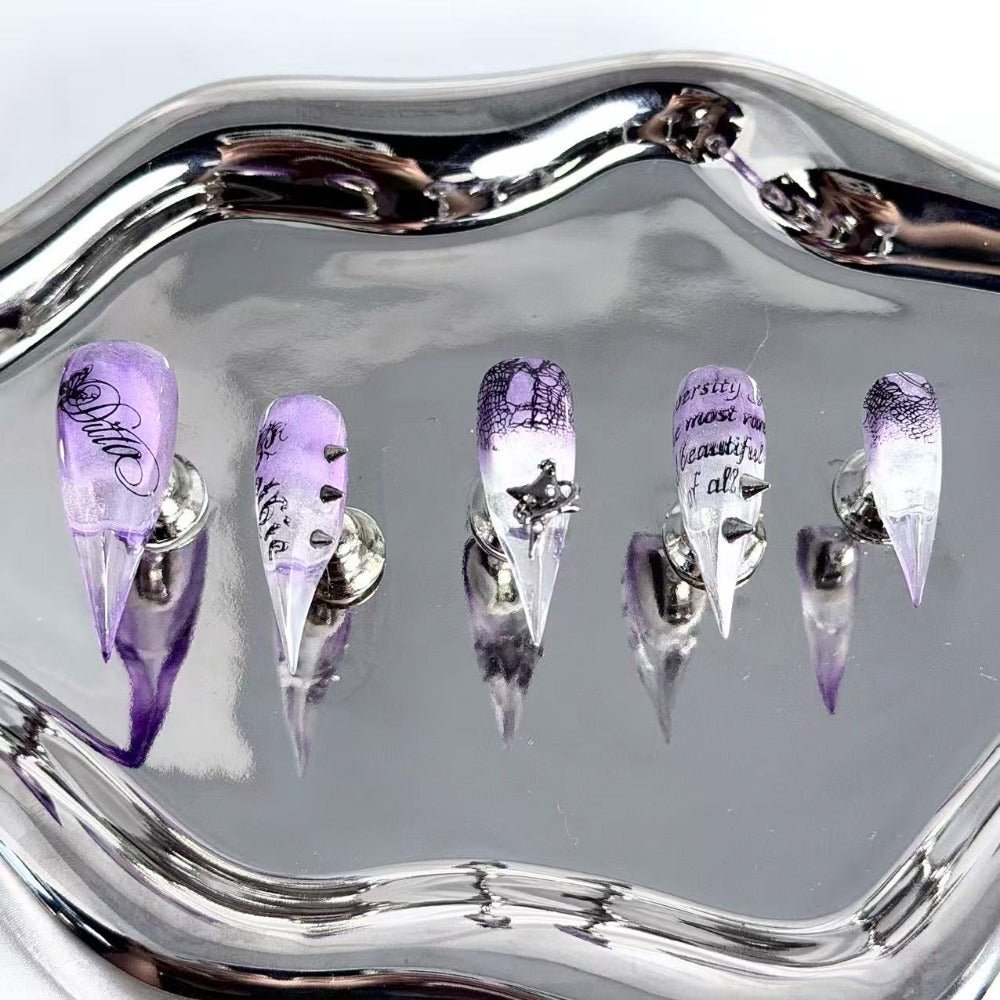 handartnails: "Lavender Gothic Star Spike" – 3D Metal Cross Star Handmade Long Stiletto Nails - Handartnails