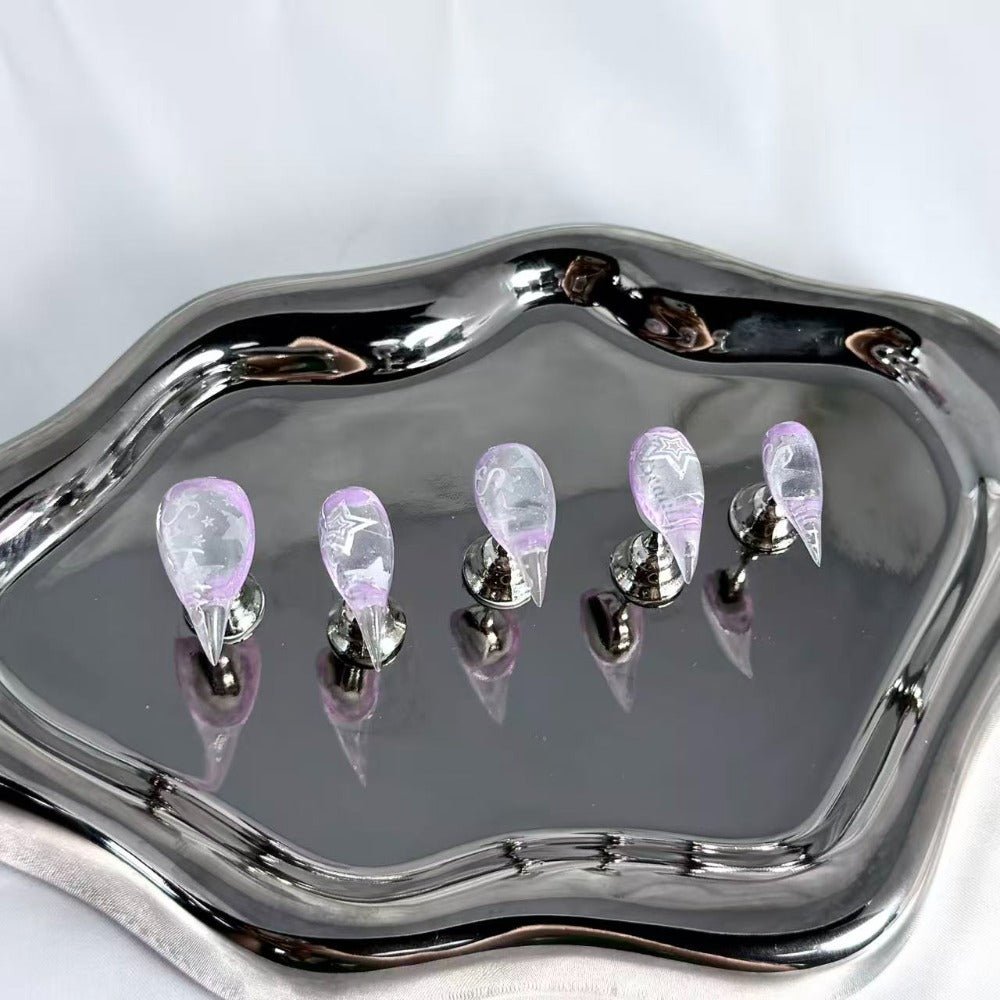 handartnails: "Lavender Silver Star Script" – Silver Foil Handmade Long Stiletto Nails - Handartnails