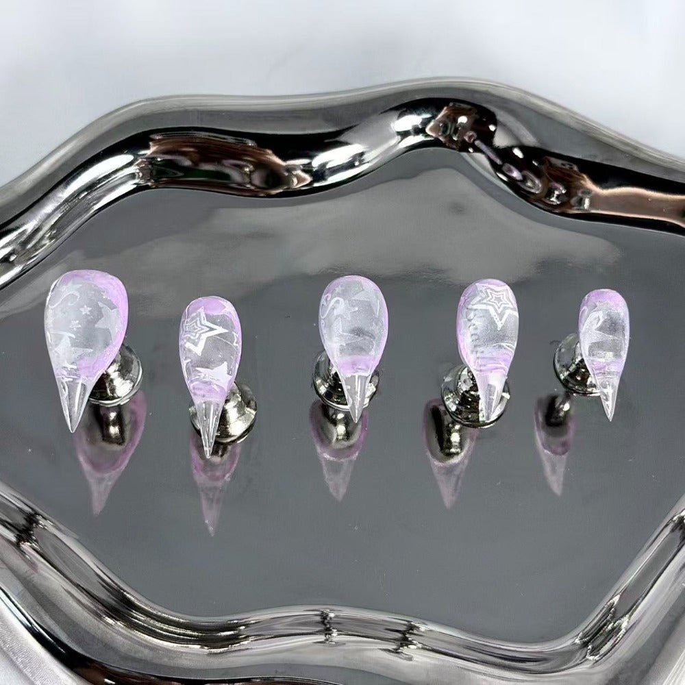 handartnails: "Lavender Silver Star Script" – Silver Foil Handmade Long Stiletto Nails - Handartnails