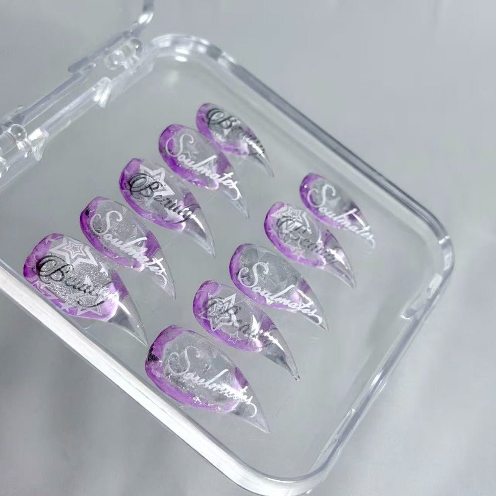 handartnails: "Lavender Silver Star Script" – Silver Foil Handmade Long Stiletto Nails - Handartnails