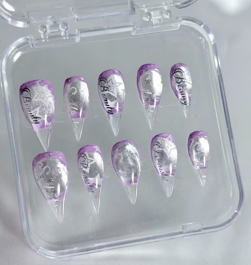 handartnails: "Lavender Silver Star Script" – Silver Foil Handmade Long Stiletto Nails - Handartnails
