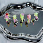 handartnails: "Neon Cat Paw Cross Y2K" – 3D Colorful Chain Spike Handmade Stiletto Nails - Handartnails