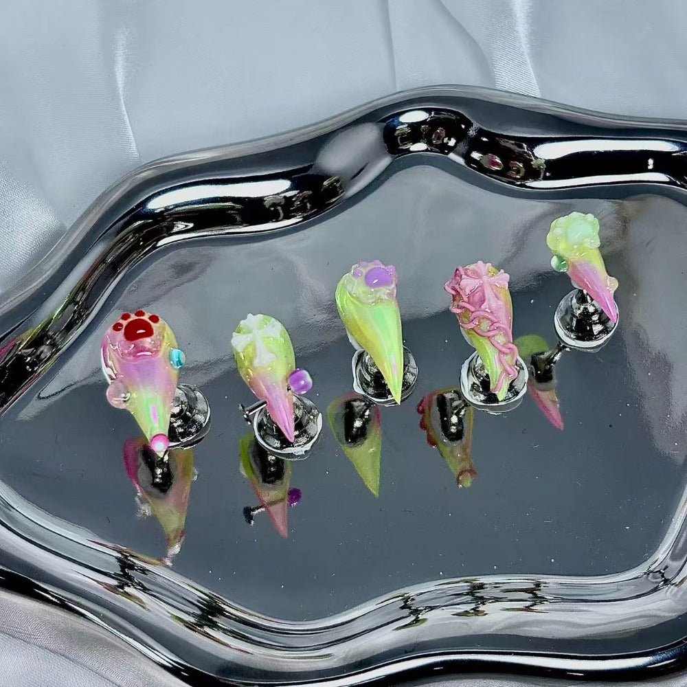 handartnails: "Neon Cat Paw Cross Y2K" – 3D Colorful Chain Spike Handmade Stiletto Nails - Handartnails