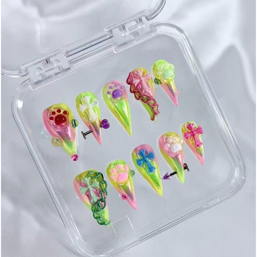 handartnails: "Neon Cat Paw Cross Y2K" – 3D Colorful Chain Spike Handmade Stiletto Nails - Handartnails