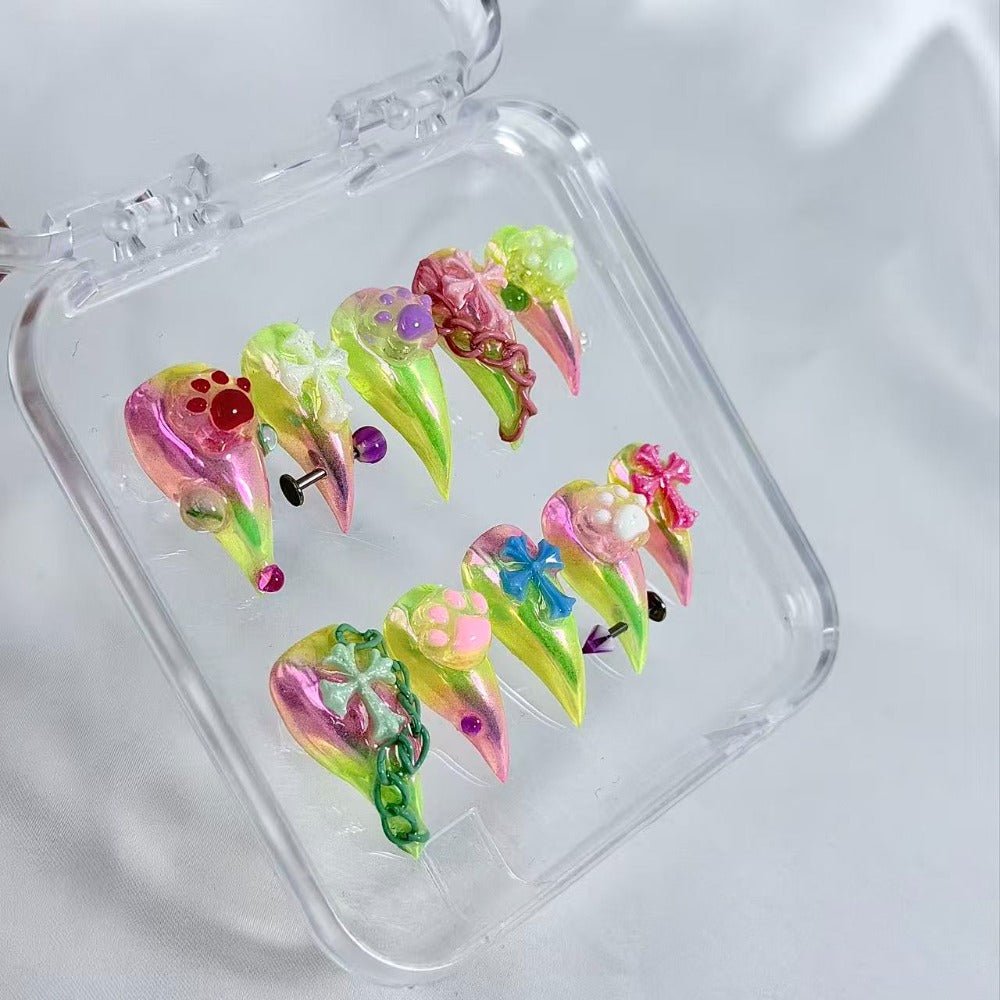 handartnails: "Neon Cat Paw Cross Y2K" – 3D Colorful Chain Spike Handmade Stiletto Nails - Handartnails