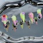 handartnails: "Neon Cat Paw Cross Y2K" – 3D Colorful Chain Spike Handmade Stiletto Nails - Handartnails