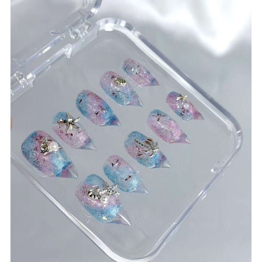 handartnails: "Ocean Mermaid Starfish Shell" – 3D Sea Metal Charm Handmade Long Stiletto Nails - Handartnails