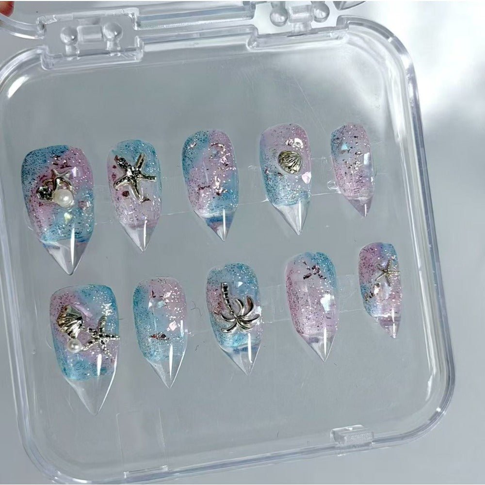 handartnails: "Ocean Mermaid Starfish Shell" – 3D Sea Metal Charm Handmade Long Stiletto Nails - Handartnails