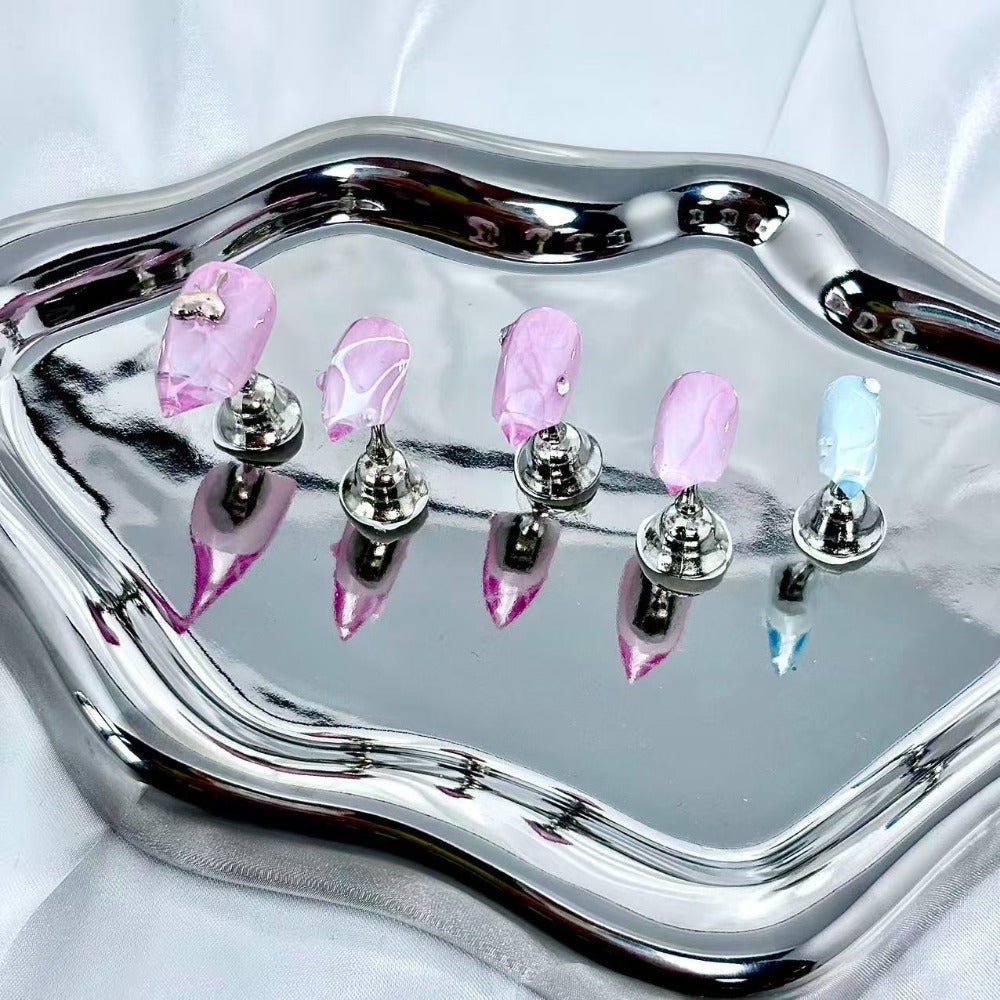 handartnails: "Pastel Cracked Vein Jelly" – Mini Metal Charm Handmade Medium Stiletto Nails - Handartnails