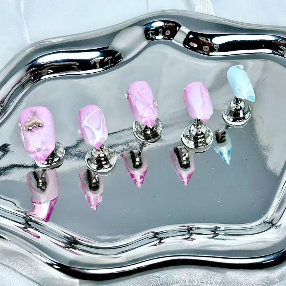 handartnails: "Pastel Cracked Vein Jelly" – Mini Metal Charm Handmade Medium Stiletto Nails - Handartnails