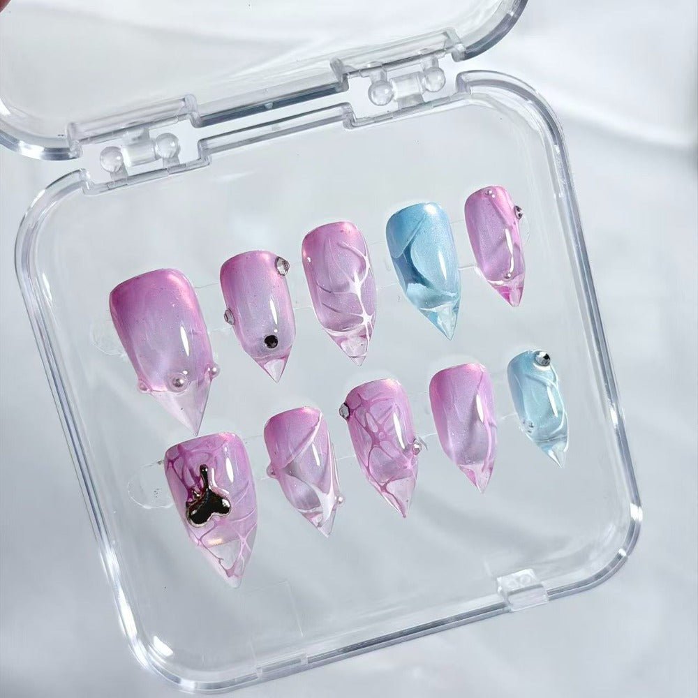 handartnails: "Pastel Cracked Vein Jelly" – Mini Metal Charm Handmade Medium Stiletto Nails - Handartnails